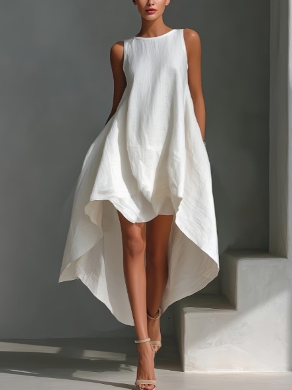 NWT Elegant White High-Low Sleeveless Dress With Pockets Sz S